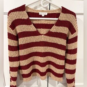 J. Crew V-Neck Sweater - Burgundy and Beige Stripes
